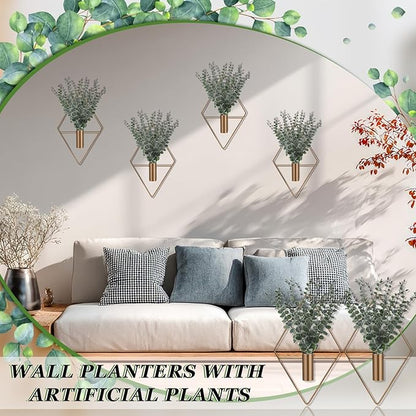 Jexine 4 Pcs Hanging Planters with Artificial Eucalyptus Metal Hanging Vase Indoor Plants Holder Modern Geometric Boho Bathroom Wall Decor for Living Room Home Office (Eucalyptus,Bronze)