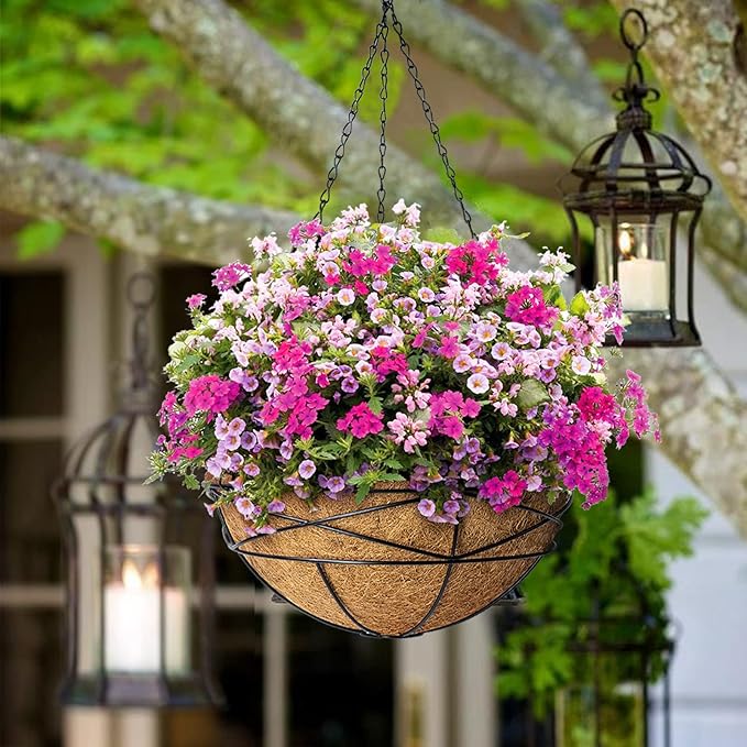 2 Pack 12 Inch Hanging Planters for Outdoor Plants Metal Watering Flower Baskets with Coco Liner for Hanging Pot Round Plant Holders Planter for Outside Garden Decor