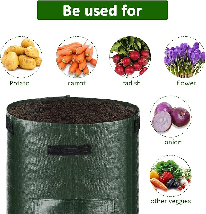 JJGoo Potato Grow Bags, 4 Pack 10 Gallon with Flap and Handles Planter Pots for Onion, Fruits, Tomato, Carrot - Green