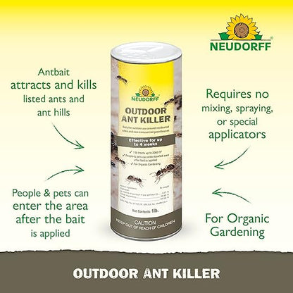 Neudorff Outdoor Ant Killer, Ant Bait Granules 1 lbs Treats up to 2,000 sq. ft. & Lasts up to 4 Weeks, Home Perimeter Treatment for Organic Gardening, Insect Bait Attracts and Kills (1 lb)