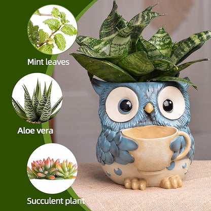 Unique Owl Plant Pots Indoor, Cute Small Succulent Pots with Drainage Hole, Watering Owl Planters for Indoor Outdoor Plants, Resin Flower Pot for String of Pearls, Gift Ideas for Mother