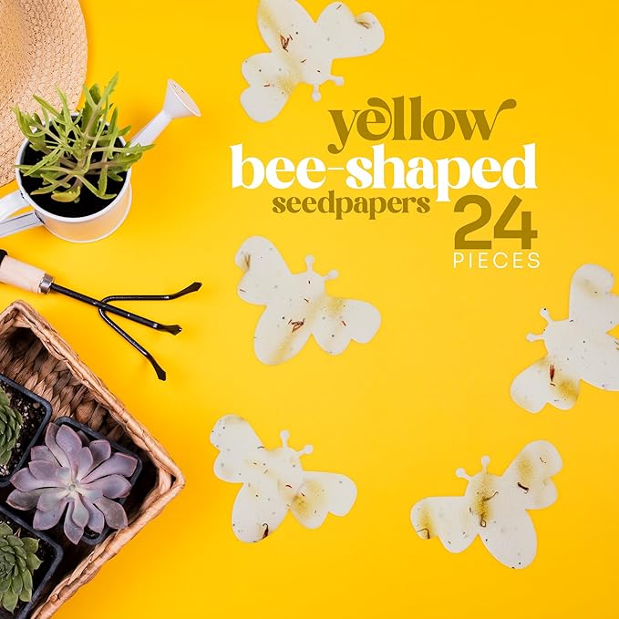 Set of 24 Yellow Bee Seed Paper – Writable & Plantable Wildflower with Envelopes & Planting Guides, Gift for Moms or Plant Lovers for Mother’s Day, Party Favors for Weddings & Showers
