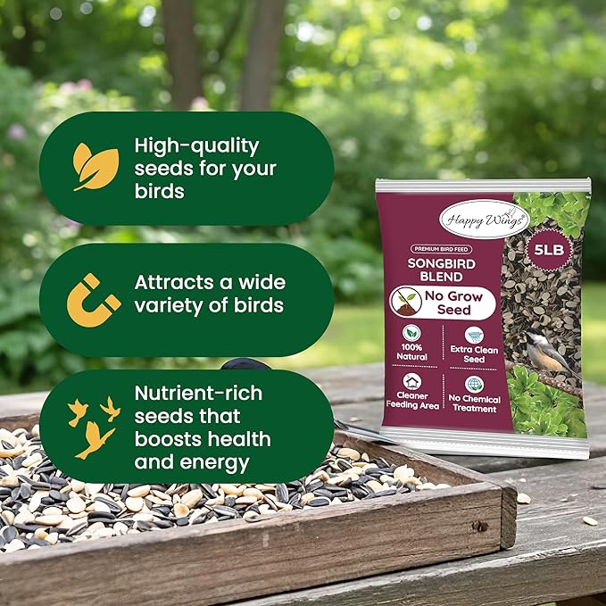 Happy Wings No Grow Bird Seed Mix 5lb - Songbird Bird Seed with Sunflower, Safflower & Peanuts - No Mess Birdseed for Outside Feeders - Suitable Birdseed for Wild Birds