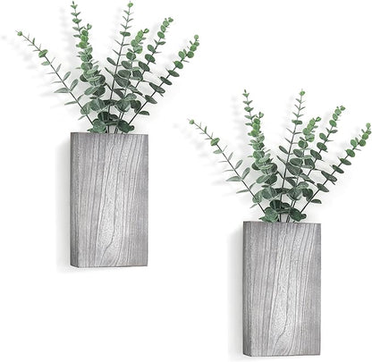 Dahey 2 Pack Wood Wall Planter Vase with Artificial Eucalyptus Farmhouse Wall Hanging Decor Pocket Planter for Indoor Fake Plants Greenery, Living Room Bedroom Kitchen Home Office Decoration, Grey