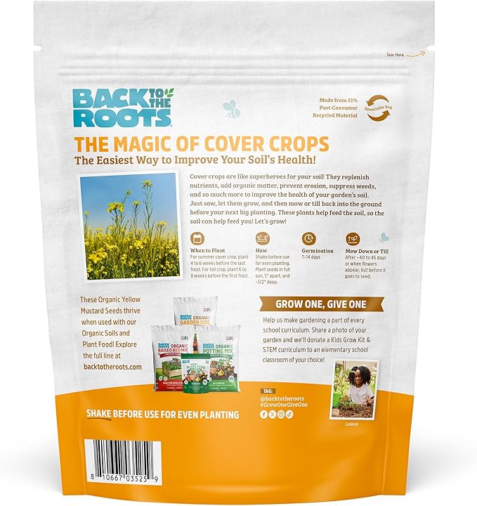 Back to The Roots 100% Organic Yelow Mustard Cover Crop Seeds, Covers ~1000 sq. ft.