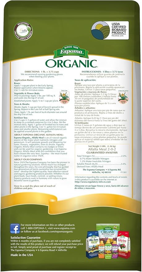 Espoma Organic Alfalfa Meal Fertilizer 2-0-2. All-Natural Plant Food Source of Nitrogen and Potassium for Organic Gardening. Use for Roses, Flowers, Veggies, Trees & Shrubs. 3 lb. Bag.