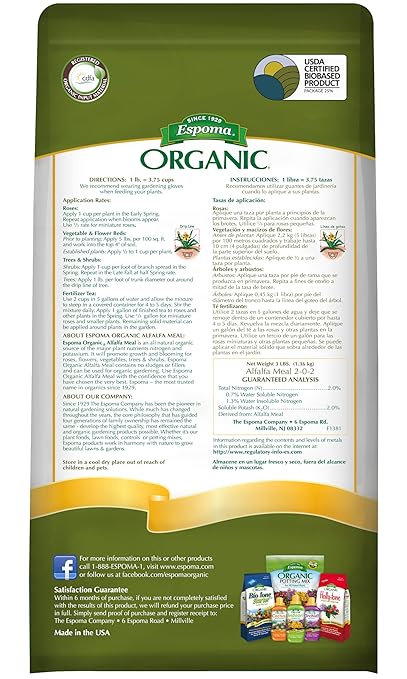 Espoma Organic Alfalfa Meal Fertilizer 2-0-2. All-Natural Plant Food Source of Nitrogen and Potassium for Organic Gardening. for Roses, Flowers, Veggies, Trees & Shrubs. 3 lb. Bag.