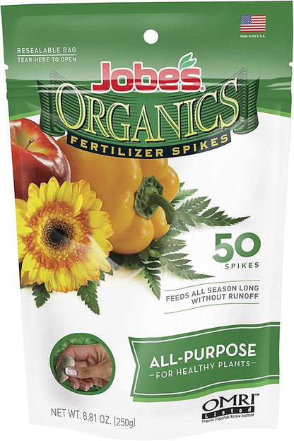 Jobe’s Organics All Purpose Fertilizer Spikes, Easy Plant Care Fertilizer for Vegetables, Flowers, Shrubs, Trees, and Plants, 50 Count