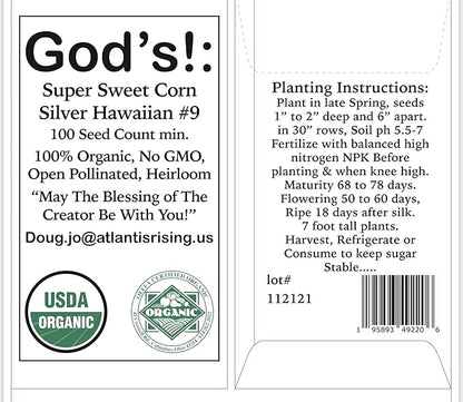 USDA, Organic, Silver, Hawaiian #9, Super, Sweet Corn, Heirloom, Open Pollinated, Non GMO