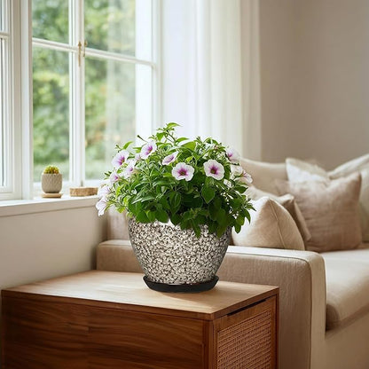 Ceramic Plant Pots - 8 Inch Planters for Indoor Outdoor Plants, Decorative Pots for Plants with Drainage Hole and Saucer, Modern Flower Pot, Room Decor, Plant Lover Gifts, White Leopard