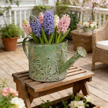 Vintage Metal Watering Can Planter with Embossed Floral - Distressed Green Decorative Watering Pot for Indoor/Outdoor Flowers, Succulents & Herbs, Rustic Home Decor Accent