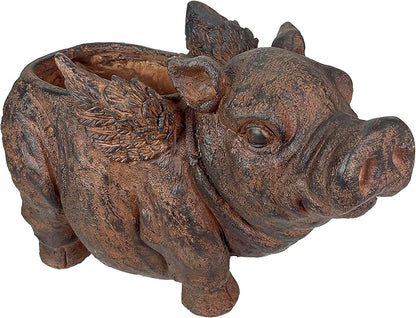 Zeckos Whimsical Flying Pig Planter with Drain Hole – 17 Inch Brown Magnesium Oxide Animal Planter for Succulents, Flowers, Indoor Outdoor Rustic Farmhouse Decor – Weather-Resistant Pig Garden Pot
