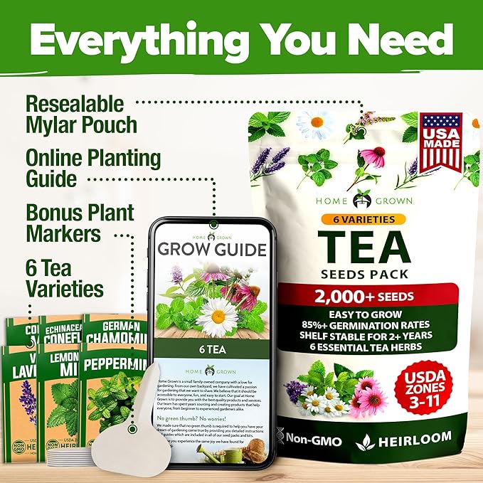 HOME GROWN Medicinal Herb Seeds Vault – 2,000+ Seeds, 6 Non GMO Heirloom Varieties for Indoor & Outdoor Garden – Lavender, Chamomile,Mint,Lemon Balm,Peppermint,Echinacea +Garden Markers