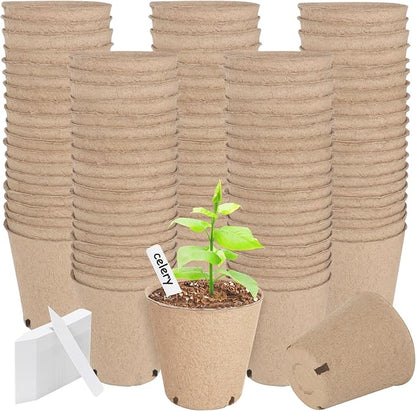 132 Pack Peat Pots, 3 Inch Plant Starter Round Nursery Pot with Drainage Holes, Seedling Nursery Box, Seed Starting Tray, Bulk Garden Germination Paper Pulp Container with 132 Plant Labels
