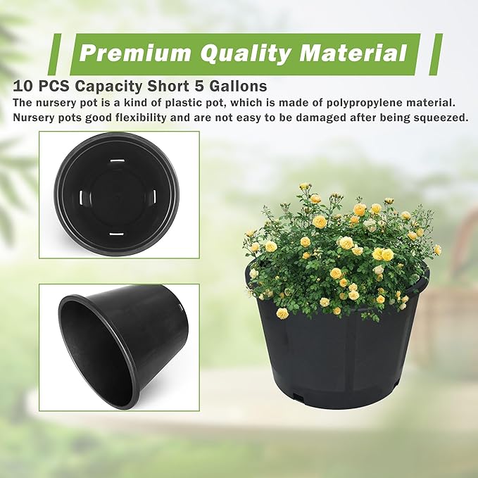 HOSTIC Short 5 Gallon Flexible Nursery Pots Gallon Pot with Drainage Holes Plastic Plant Container Suitable for Indoor Outdoor Vegetables Flowers Plants 10 PCS