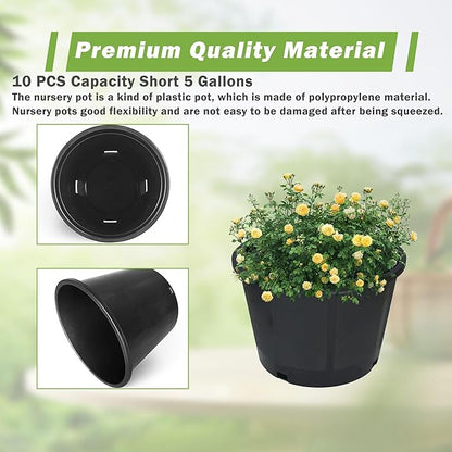 HOSTIC Short 5 Gallon Flexible Nursery Pots Gallon Pot with Drainage Holes Plastic Plant Container Suitable for Indoor Outdoor Vegetables Flowers Plants 10 PCS