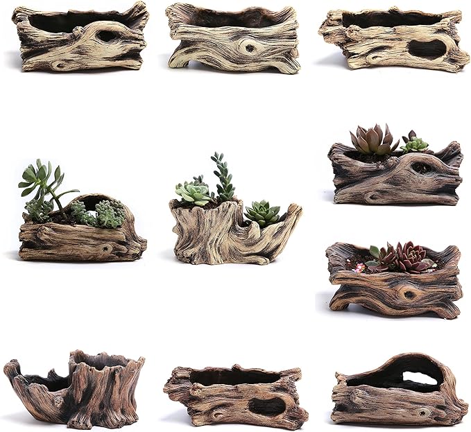 DIYOMR Cement Driftwood Planter Pots Imitation Stump Log Concrete Flower Succulent Pot/Container (7.3" L x 3.8" W x 3.1" H,Brownish Red)