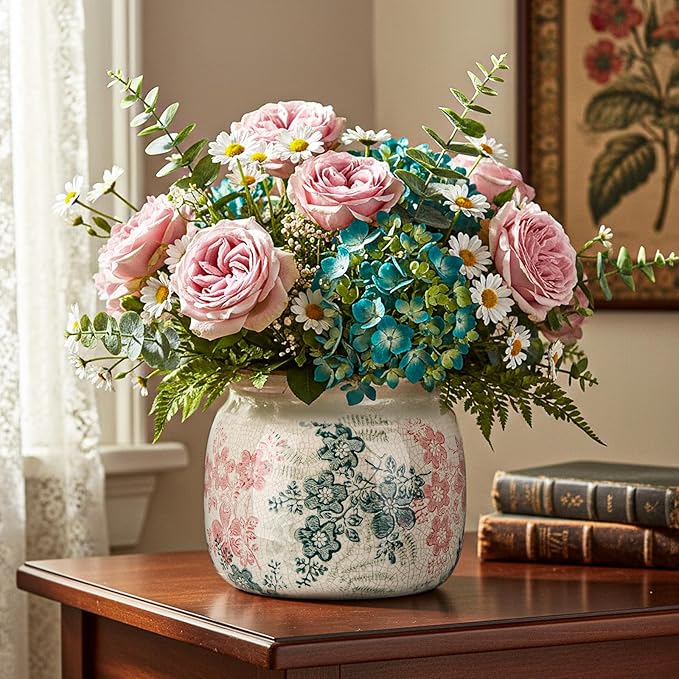 Vintage Planter Large Ceramic Plants Pot Green Pink Rose Ice Cottage Scroll Vase Flower Vase Pot Indoor Plants Home Decor Farmhouse Antique Decorative Gifts