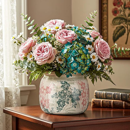 Vintage Planter Large Ceramic Plants Pot Green Pink Rose Ice Cottage Scroll Vase Flower Vase Pot Indoor Plants Home Decor Farmhouse Antique Decorative Gifts