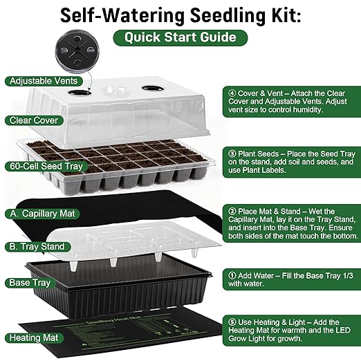 60-Cell Self-Watering Seed Starter Kit with Grow Light and Heat Mat, Seedling Tray with Humidity Dome, Indoor Plant Germination Tray for Beginners - Grow Tomatoes, Peppers, Herbs & Flowers