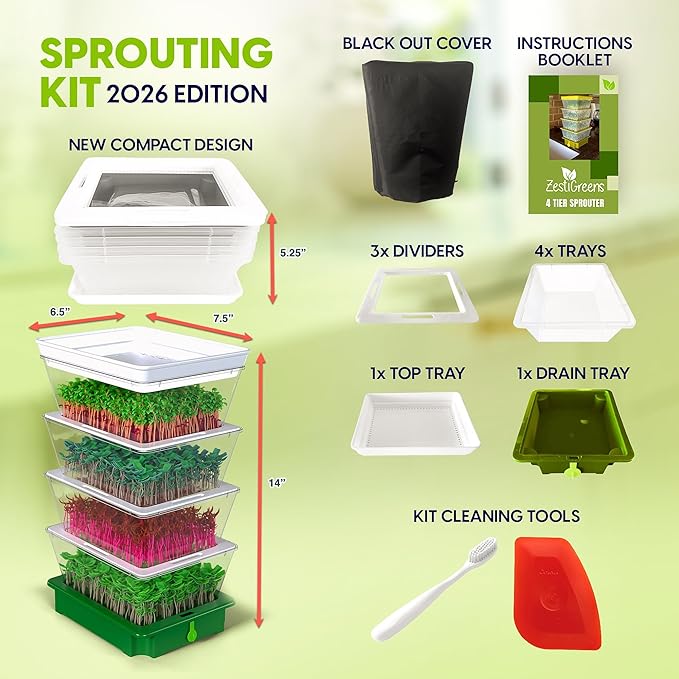 4-Tier Stackable Sprouting Kit with Sink Drain Spout & Ventilated Trays – Modular Seed Sprouter & Microgreens Germination System for Growing Broccoli, Alfalfa & Bean Sprouts.