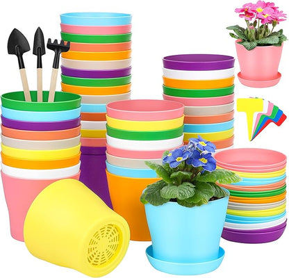 48 Pack Plastic Planters 4 Inch Flower Plant Pots Indoor Set Thickened Seedling Nursery Pots Seed Starting Pots with Drainage Holes Saucers, Mini Garden Tools for Home Office Garden, Multicolor