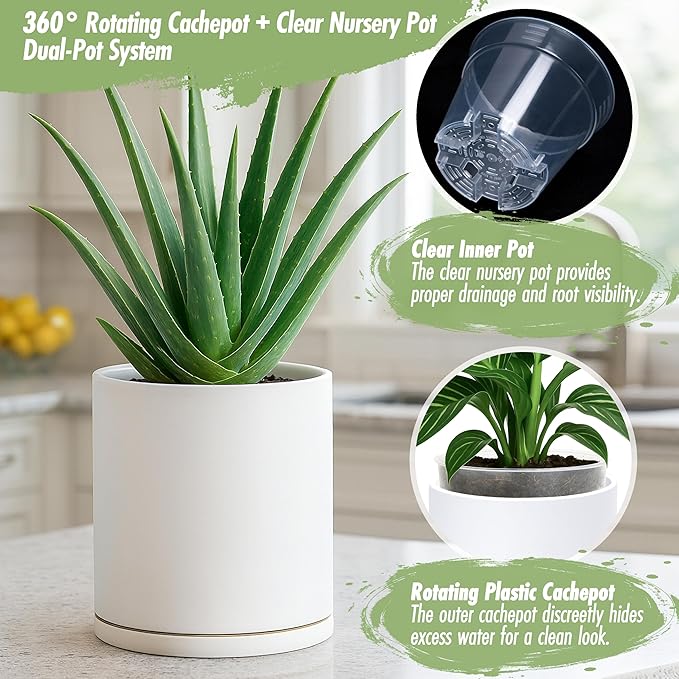 D'vine Dev Double-Layer Planter Set – Rotating Plastic Cachepot with Clear Inner Liner for Root Health, Perfect for Indoor Plants, 6.5", White, 73-U-A-2