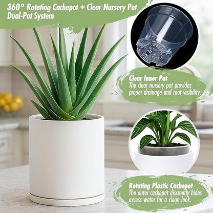 D'vine Dev Double-Layer Planter Set – Rotating Plastic Cachepot with Clear Inner Liner for Root Health, Perfect for Indoor Plants, 6.5", White, 73-U-A-2