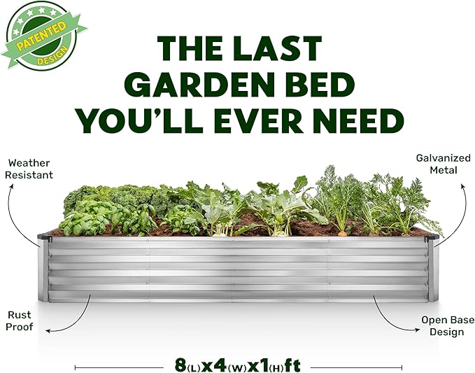 Plant & Plot Galvanized Raised Garden Beds Outdoor // 8×4×1 ft Planter Raised Beds for Gardening, Vegetables, Flowers (Silver) // Large Metal Garden Box // Patented Tool-Free Design