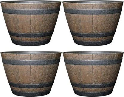 Classic Home and Garden Outdoor Round Whiskey Resin Flower Pot Barrel Planter, Kentucky Walnut Brown, 9" (Pack of 4)