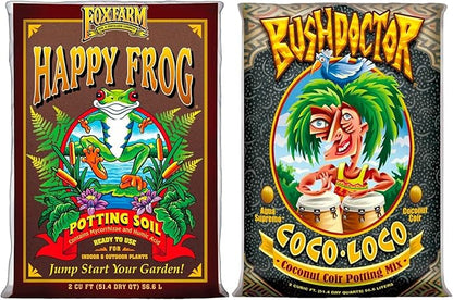 FoxFarm Happy Frog 2cu ft Potting Soil + Bush Doctor Coco Loco 2cu ft Potting Soil Bundle - for Gardening Plants and Healthy Growth
