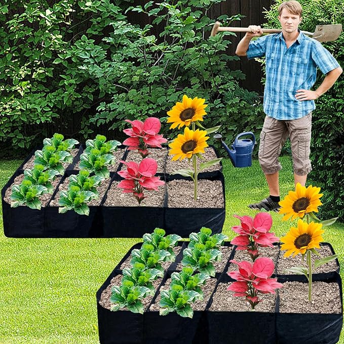2 Pack Fabric Raised Garden Beds,128 Gallon 8 Grids Thickened Rectangle Plant Grow Bags,Reusable Outdoor Gardening Planting Container Planter Pot for Growing Herbs Flower Gardening Vegetables Chillies