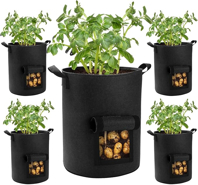5 Pack 10 Gallon Potato Grow Bags with Flap and Handles, Heavy Duty Fabric Pots for Planting Potato, Carrots,Taro