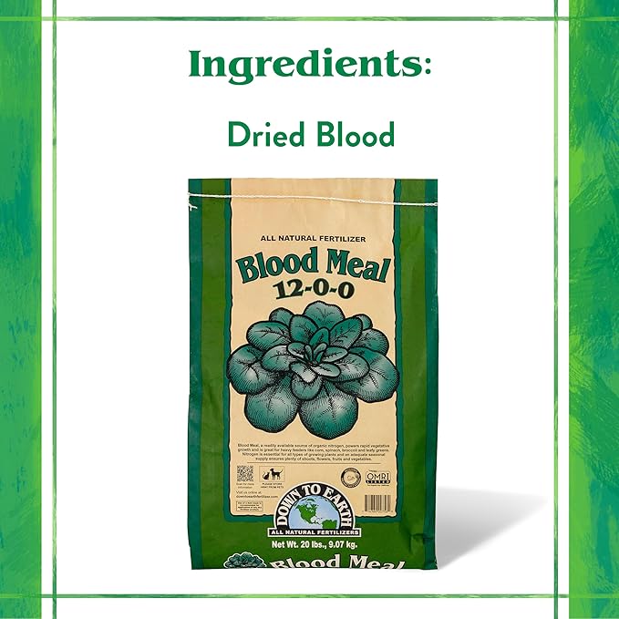 Down To Earth All Natural Fertilizers Organic Blood Meal - High Nitrogen Plant Food for Green Growth 12-0-0, 20 lb