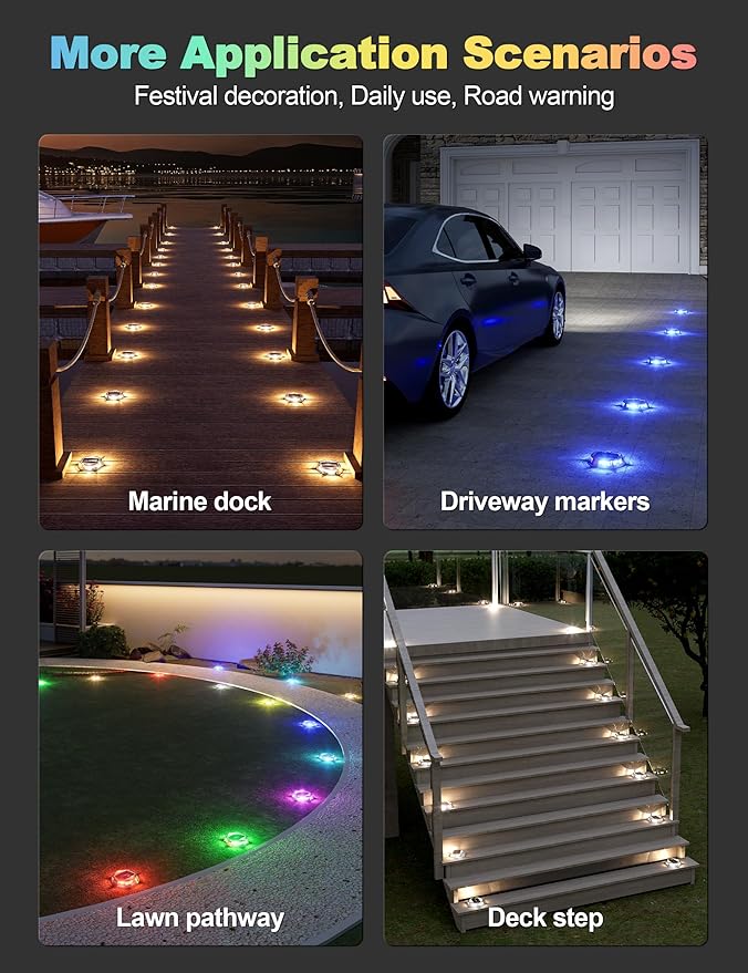VOLISUN Solar Driveway Dock Deck Markers Marine Lights 8 Pack,9 Colors in 1 Led IP67 Waterproof Outdoor Warning Step Lights for Driveway Sidewalk Walkway Pathway RGB