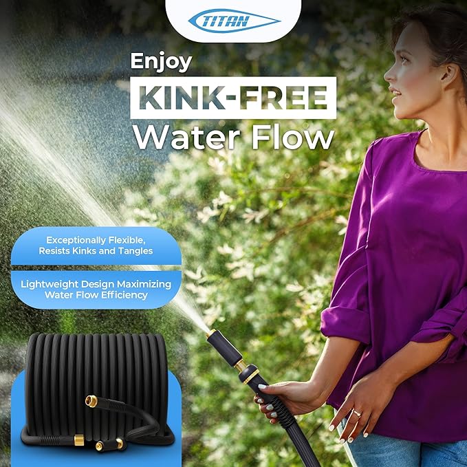 TITAN Garden Hose | Flexible, Lightweight, Kink-Free & Durable Hybrid Water Hose with Heavy Duty Brass Connectors & High-Pressure Jet Nozzle (25FT x 1/2”)