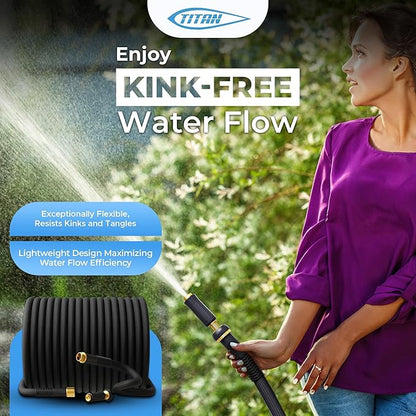 TITAN Garden Hose | Flexible, Lightweight, Kink-Free & Durable Hybrid Water Hose with Heavy Duty Brass Connectors & High-Pressure Jet Nozzle (25FT x 1/2”)