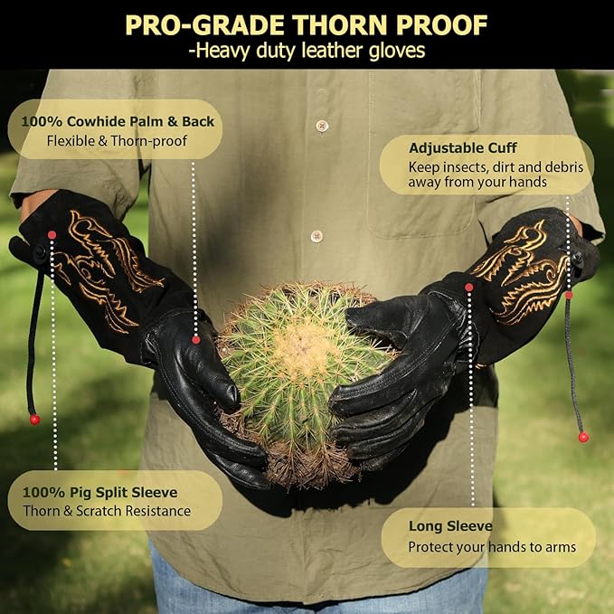 Long Leather Thorn Proof Gardening Gloves for Women/Men, Great for Rose Pruning, Cactus Handling, Weeding, Heavy Duty Gauntlet, Garden Gifts for Gardener (Western Style, Small)