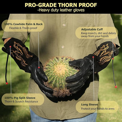 Long Leather Thorn Proof Gardening Gloves for Women/Men, Great for Rose Pruning, Cactus Handling, Weeding, Heavy Duty Gauntlet, Garden Gifts for Gardener (Western Style, Medium)