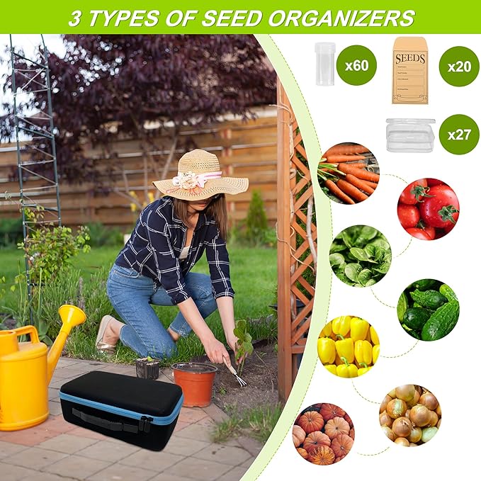 87 Slots Seed Storage Organizer Box with 20 Envelopes, Large Capacity Seed Storage Container with Zipper Bag, Label Stickers, Tweezers, Funnel, Garden Seeds Saver Kit for Vegetable, Flower