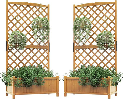 HAPPYGRILL 2 Pcs Raised Garden Bed, 71" Wooden Planter Box with Trellis, Drainage Holes, Freestanding Elevated Garden Bed for Vine Climbing Plants (Yellow)