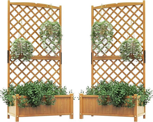 HAPPYGRILL 2 Pcs Raised Garden Bed, 71" Wooden Planter Box with Trellis, Drainage Holes, Freestanding Elevated Garden Bed for Vine Climbing Plants (Yellow)