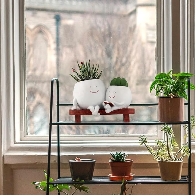 Meltset Cute Face Planter Pot - Funny Double Head Planter Sitting on Bench, Smiley Succulent Pot with Drainage Indoor and Outdoor, Unique Gift for Plant Lovers(White)