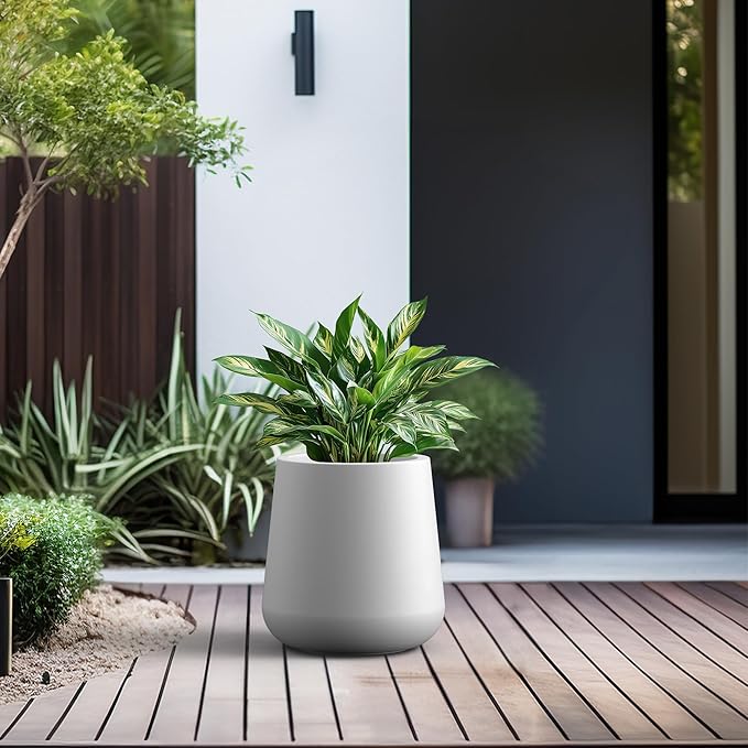 Kante 9.8-Inch Dia Round Concrete Garden Pot with Drainage Hole & Rubber Plug - Indoor/Outdoor Lagre Plant Pot for Home, Garden, Patio, White