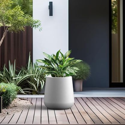 Kante 9.8-Inch Dia Round Concrete Garden Pot with Drainage Hole & Rubber Plug - Indoor/Outdoor Lagre Plant Pot for Home, Garden, Patio, White