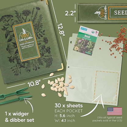 Willow and Wildflower Garden Seed Organizer Binder, Seed Storage Organizer, Garden Binder Book for Packet Storage Catalog Can Store 120 Packets with Dibber and Widger (Moss Green)