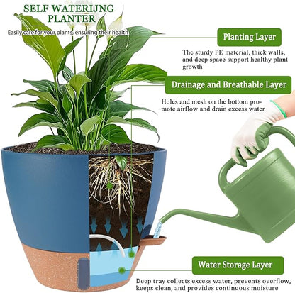 12/10/8 inch Plant Pots, Large Plastic Self Watering Planters with Drainage Holes, Deep Reservoir, Water Level Indicator, Modern Decorative Flower Pots for Indoor Outdoor Plants (Navy Blue, 12/10/8)