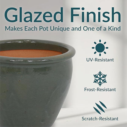 Sunnydaze Round Ceramic Planter - Set of 2 Indoor or Outdoor Plant Pots with Drainage Hole - Chalet - 12" - Gray Glaze