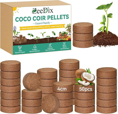 ZeeDix 50pcs(40mm) Coco Coir Pellets Potting Soil Indoor Plants, Compressed Coconut Coir Soil Pellets Seed Starting Pellets Soil Discs for Planting Flowers Bonsai Herbs Plants and Vegetables