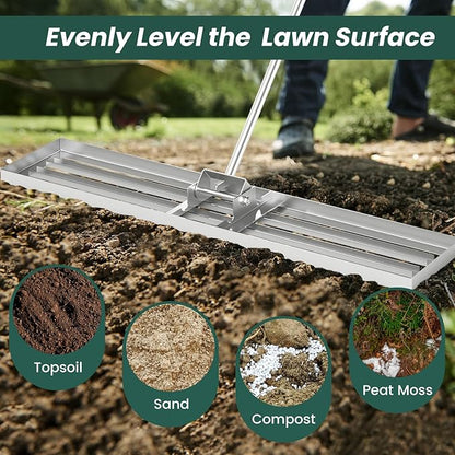 Goplus Lawn Leveling Rake, 46" x 10" Heavy Duty Level Lawn Tool w/ Ergonomic Handle for Soil, Effort-Saving Landscape Rake for Garden, Backyard, Golf Course, Farm, Pasture, Silver